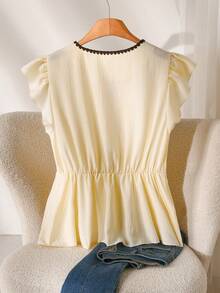CosyJoli 大码女装夏季服装,撞色滚边衬衫,休闲女士上衣,可爱夏季上衣,蝴蝶结吊带衬衫 - 杏色 - 查看 3