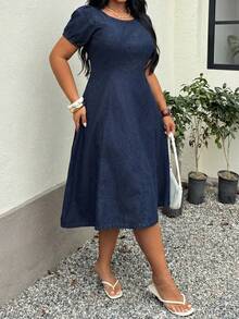 Dazy Plus Dark Wash Blue Solid Round Neck Waist Gathered Puff Sleeve A-Line Plus Size Women Midi Denim Dress, Spring/Summer Vacation - Dark Wash - View 6