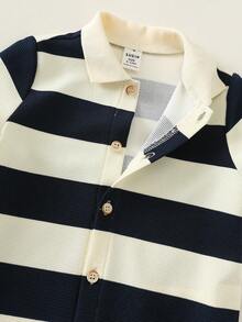 SHEIN 新生男宝宝夏季可爱休闲针织条纹Polo衫和短裤连体衣 - 彩色 - 查看 7
