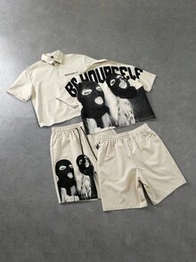 PAVTROS Bộ 2 món áo sơ mi ngắn tay và quần short nam in hình khẩu hiệu, chất liệu dệt kim, áo crop top và quần short cạp chun, phong cách đường phố, trượt ván, retro thập niên 90, kiểu poster, phù hợp cho dạo phố, quán bar, lễ hội âm nhạc, tụ họp đường phố, quà tặng ngày lễ. - Màu Khaki - Xem 1