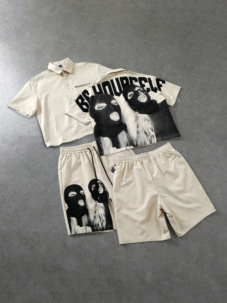PAVTROS Bộ 2 món áo sơ mi ngắn tay và quần short nam in hình khẩu hiệu, chất liệu dệt kim, áo crop top và quần short cạp chun, phong cách đường phố, trượt ván, retro thập niên 90, kiểu poster, phù hợp cho dạo phố, quán bar, lễ hội âm nhạc, tụ họp đường phố, quà tặng ngày lễ. - Màu Khaki - Xem 1