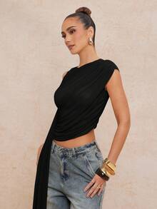 Lumalex Nueva blusa corta con mangas asimétricas fruncidas y ribete de cinta para primavera/verano - Negro - Ver 6