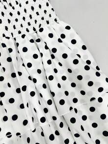 Sweetra CURVE Plus Size Women's Polka Dot Print Drawstring Waist Ruffle Hem Halter Neck Dress - Black and White - View 7
