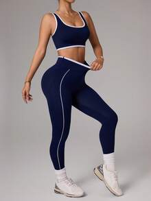 BamGleam Women's Minimalist Seamless High Elasticity Contrast Trim Sports Bra And Leggings Set Yoga Leggings Set Navy Workout Set 2 Piece Sport Set Two Piece Active Set Two Piece Set Women Leggings - Navy Blue - View 4