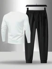 Gym Rark 男士運動套裝，長袖T恤與長褲，時尚Logo，健身房 - 白色 - 查看 2