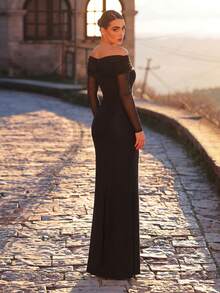 Aureia Elegant Formal Brown Spring Evening Wedding Mesh Patchwork Off Shoulder Ruffle Long Sleeve Sheer Maxi Dress With Back Slit - Coffee Brown - View 4
