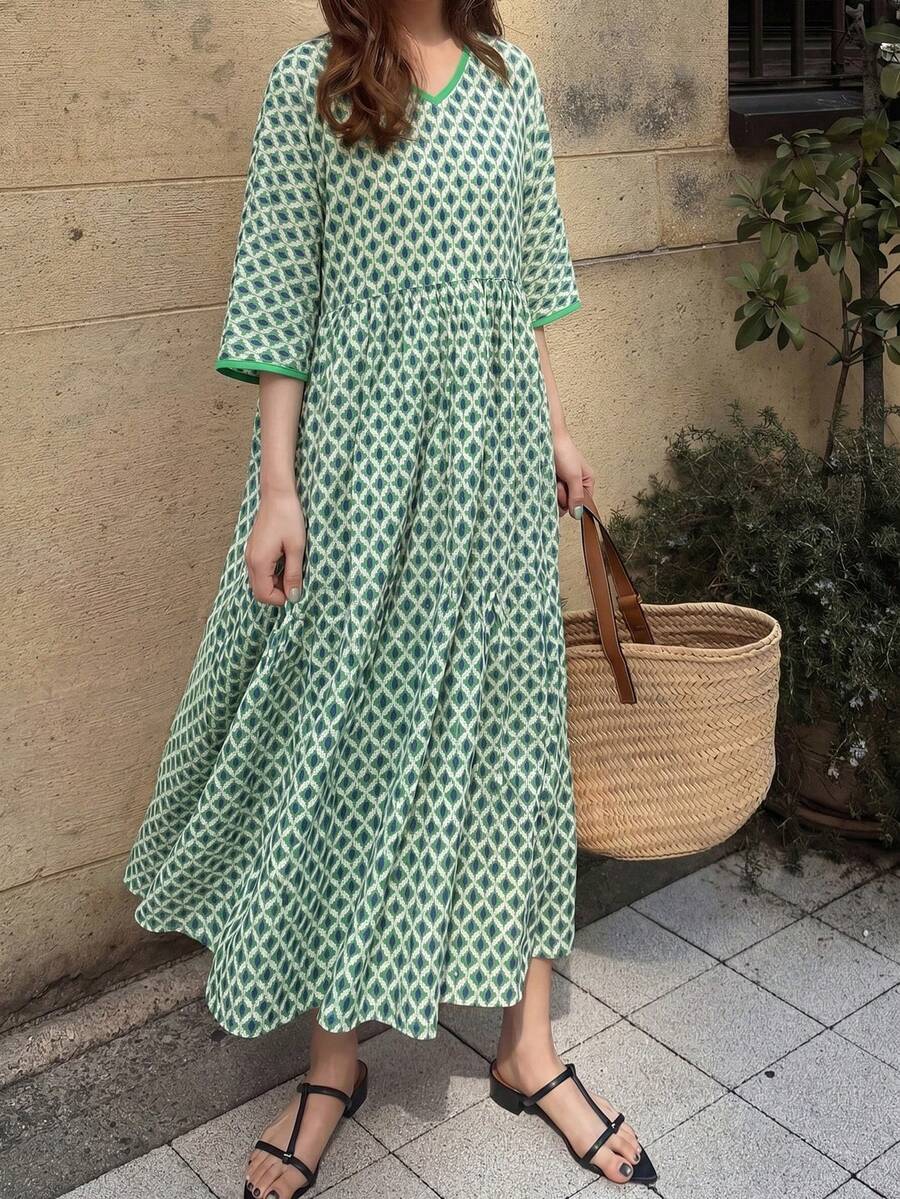 FRIFUL 女款寬鬆版型V領長洋裝,滿版印花,適合夏季度假陽光洋裝 - 綠色 - 查看 1