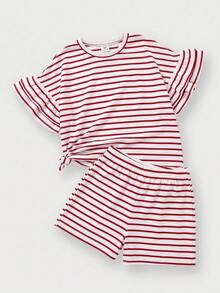 SHEIN Tween Girls' Summer Casual Striped Ruffle T-Shirt And Shorts Set - Red - View 7