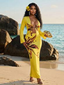 Slaydiva 2026 Neuester lässig Urlaubs Strand Eleganter Sexy Blume Muster Ausgeschnittenes Top und bedruckter Rock Zweiteiler, Sexy Strand Urlaubs Zweiteiler Cover Up - Gänsegelb - Übersicht 5