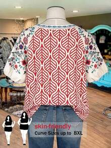 SHEIN CURVE+ Plus Size Floral Print Ruffle Trim Allover Print Loose Short Sleeve Shirt - Red - View 2
