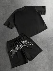 STYNVO Men's Letter Print Round Neck Short Sleeve T-Shirt And Shorts Casual Set - Black - View 2