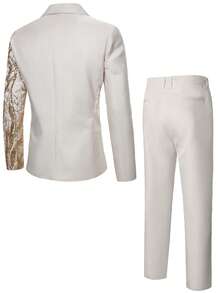 Manfinity Bizformal Men's Sequin Detail Splice Button Long Sleeve Jacket And Pocket Long Pants Suit Set, Ceremony, Formal - Apricot - View 2