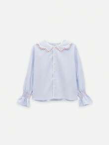 Nöista Striped Blouse With Floral Trim And Puff Sleeves For Summer Vacation And Casual Chic Looks. - Blue - View 7