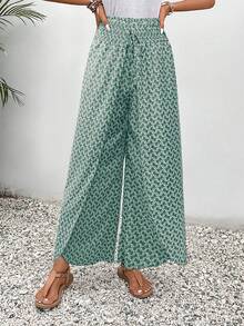 SHEIN Frenchy Quần ống rộng dáng suông, cạp chun, vạt chéo, họa tiết in toàn thân, thắt nút. - Màu xanh Ô liu - Xem 6