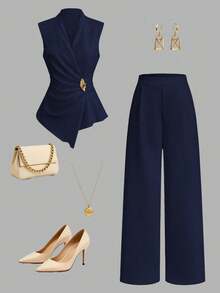 Franclia Women's Elegant 2026 Spring/Summer Asymmetric Sleeveless Ruched Metal Button Long Pants 2 Pieces Set - Royal Blue - View 4