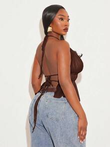 SHEIN SXY Elegant Sleeveless Brown Sheer Halter Top With Ruched Waist And Peplum Hem - Brown - View 2
