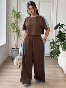 SHEIN EZwear 大码女式撞色圆领上衣和裤子休闲两件套 - 棕色 - 查看 4