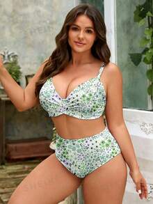 Swim Mod 2026 New Summer Beach Vacation Elegant Sweet Abstract Tie Dye Print Twist Front Plus Size Swimwear Set - Multicolor - View 3