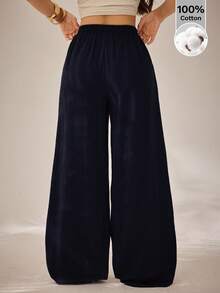 SHEIN PETITE Pantalones blancos de algodón 100% lavados, de estilo minimalista básico bohemio, para conciertos de verano, salidas y playa - Azul Marino - Ver 2