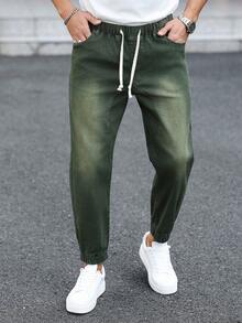 Manfinity Homme Jeans de mezclilla de uso diario versátil con bolsillos y cintura con cordón para hombres - Verde militar - Ver 1