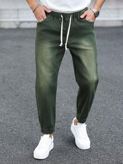 Manfinity Homme Men's Drawstring Waist Pocket Casual Streetwear Versatile Daily Wear Denim Jeans Holiday Vacation Olive Green Summer