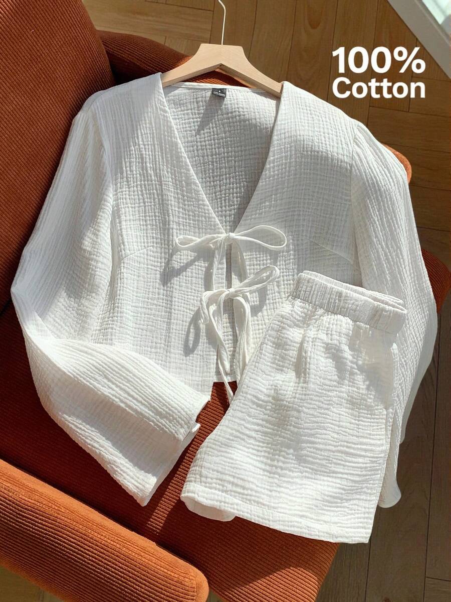 Comfortcana 2件套加大码女式休闲纯色喇叭袖系带衬衫和短裤套装 - 白色 - 查看 1