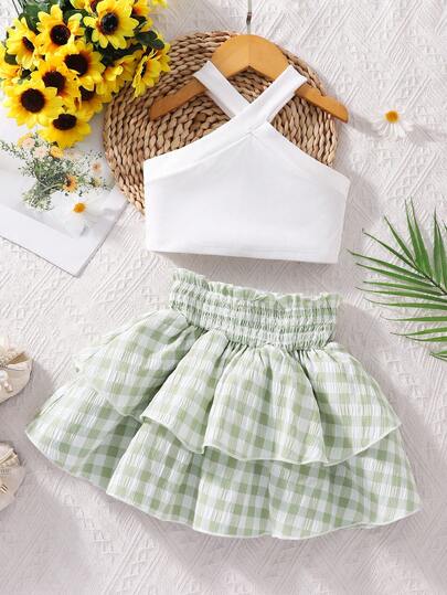 SHEIN Elladie kids 女童度假休闲露背纯色吊带背心搭配松紧腰碎花荷叶边半裙套装，夏季