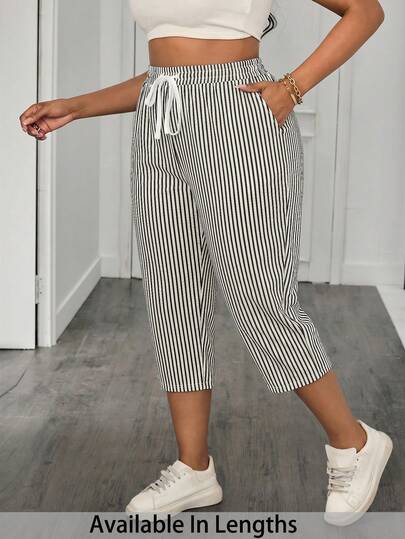 SHEIN PETITE CURVE PETITE CURVE Plus Drawstring Waist Capris Striped Pants For Summer Vacation,Summer Striped Pants Teacher,Pocket, Spring, Graduation Ceremony, Casual, Striped Pants