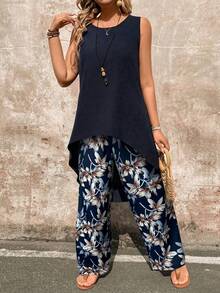 EMERY ROSE Women's Solid Color Round Neck Top And Floral Print Pants Casual Daily Suit Vacation Navy Blue Summer - Royal Blue - View 3