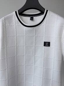 Manfinity Homme Men's White Short Sleeve T-Shirt,Summer Casual Vacation Fashionable Textured Plaid Patterned Fabric,Contrast Color Round Neck Trim,Vintage Old Money - Multicolor - View 7