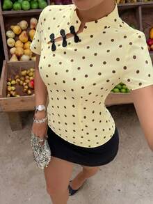 Aloruh Kemeja Wanita Model Baru Gaya Cina Warna Aprikot, Kerah Mandarin, Lengan Pendek, dengan Ikat Pinggang, Koleksi Terbaru Musim Semi/Panas, Atasan Musim Panas - Kuning muda - View 6