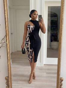 SHEIN Lady Plus Size Women Geometric Print Patchwork Color Block Open Slit Elegant Waist Fitted Party Holiday Dress Black Summer - Multicolor - View 3