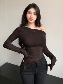 DAZY Women's Solid Color Asymmetrical Slim Fit Long Sleeve T-Shirt - Coffee Brown - View 4