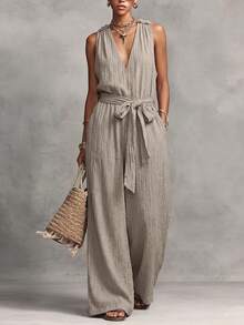 Breezaya Women's Summer Casual Fashion Vintage V-Neck Sleeveless Cinched Waist Waist Long Textured Wide Leg Jumpsuit In Khaki - Khaki - View 1