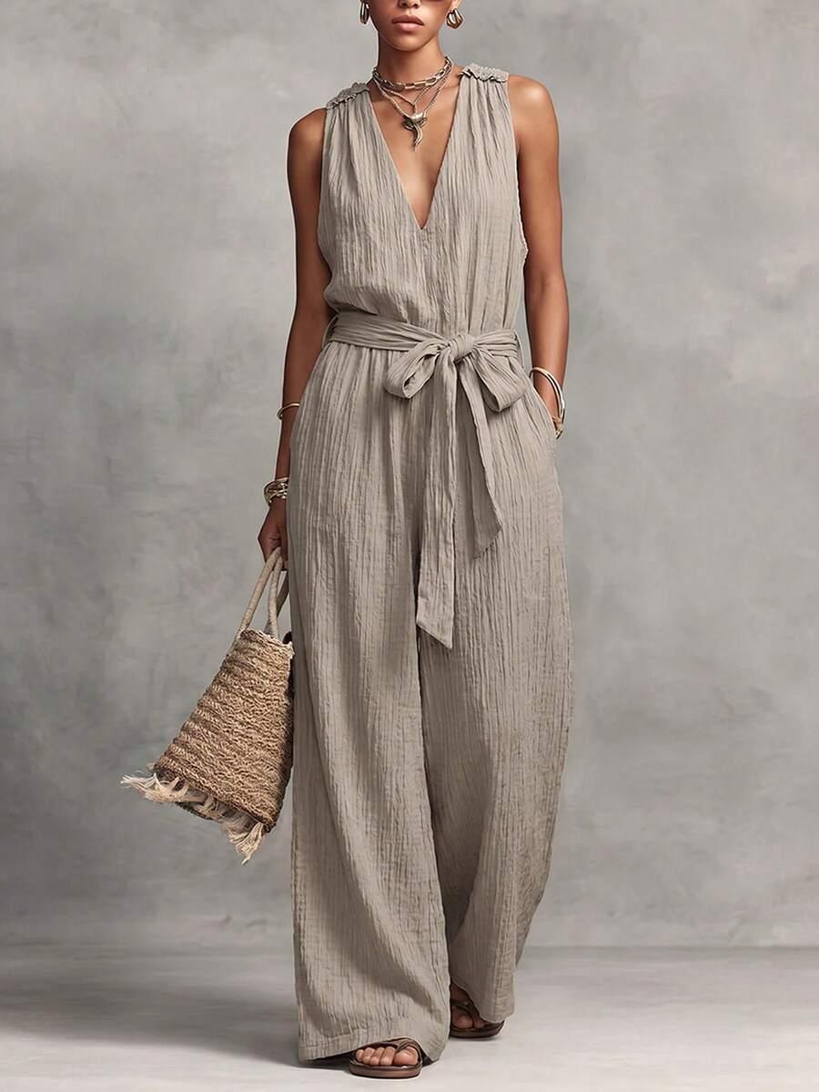 Breezaya Women's Summer Casual Fashion Vintage V-Neck Sleeveless Cinched Waist Waist Long Textured Wide Leg Jumpsuit In Khaki - Khaki - View 1