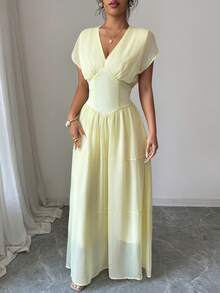 SHEIN Clasi Women's Casual Elegant Chiffon Shirred Short Sleeve Dress With Layered Ruffle Hem, Elastic Waist, Suitable For Commute, Vacation, Afternoon Tea, Party - Light Yellow - View 4