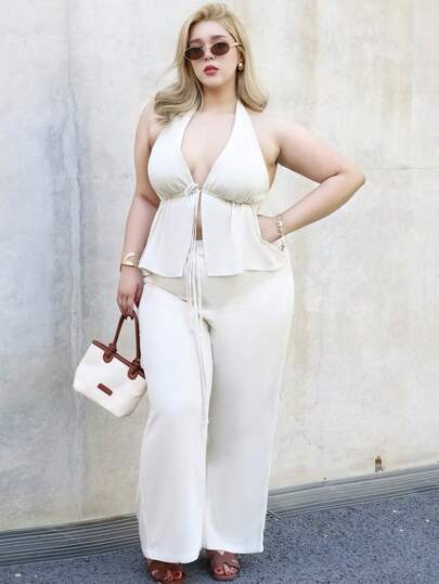 CHERRY TINTT SELECTION Plus Size Women's Summer Solid Color Knot Front Backless Halter Top And Wide Leg Pants Set, Beach/Holiday Suit, 2 Pieces Summer OutfitSummer Outfits For Women,Valentine's Day,Valentine Outfits For Women,Valentine's Day,Valentine Outfits For Women