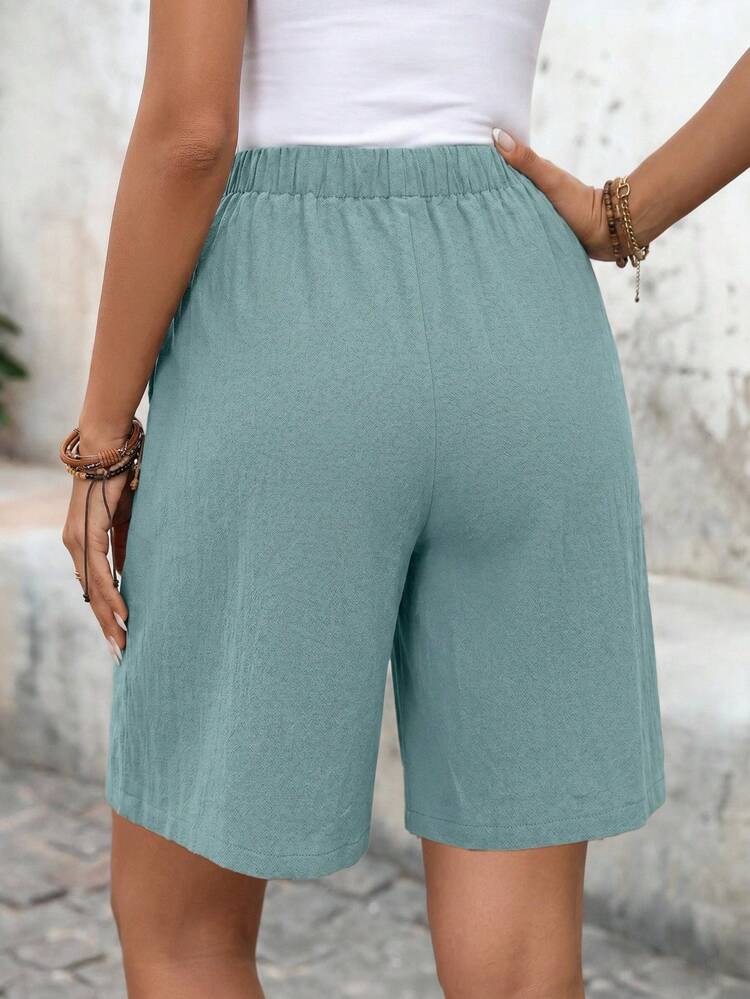 Linen Bermuda Shorts, Linen Blend, Solid Color, Side Pockets, Knee Length, High Waist, Fashion Basic Style