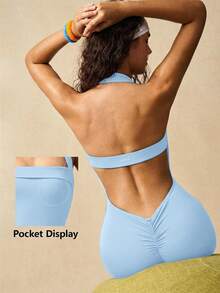VARSIVA Solid Color Backless Halter Neck Fitted Jumpsuit - Blue - View 10
