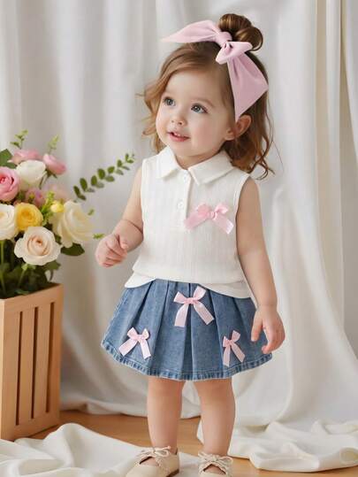 Genkimix Kids Baby Girls' Short Sleeve Sleeveless Set, Ivory Top + Light Blue Denim Skirt. The Top Is A Sleeveless Knit Polo Collar With A Pink Bow Embroidery. The Skirt Is A Light Wash Denim With White Embroidered Bow Decor. The Overall Style Is Sweet And Cute, Suitable For Summer, Daily Outings, Preschool, Parties, And Family Leisure Occasions.