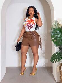 Slaydiva Plus Size Chocolate Brown PU Fabric Super Short Shorts,Nomadic Solid Hollow Lace-Up Tassel Patchwork Decor Street Style Kawaii Rave Autumn Chic - Brown - View 4