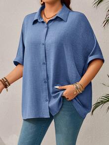 EMERY ROSE Plus Size Women's Solid Color Batwing Sleeve Loose Single-Breasted Casual Shirt,Vacation Outfits Woman,Summer Clothes Fall - Dusty Blue - View 4