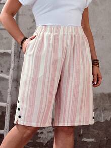 EMERY ROSE Plus Size Women's Knee-Length Casual Shorts, Street Style, Soft & Comfortable With Pockets, Suitable For Casual Wear, Music Festivals, Spring & Summer - Pink - View 1