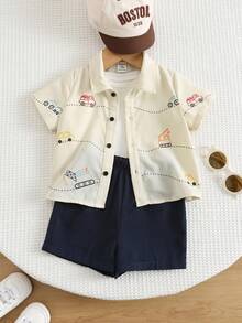SHEIN 2件套男女宝宝休闲度假风可爱卡通汽车刺绣短袖衬衫和短裤套装，男宝宝套装，男宝宝夏季服装，夏威夷衬衫 - 彩色 - 查看 11