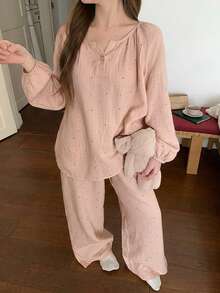 DAZY 两件套女士波点印花雪纺宽松灯笼袖睡衣套装 - 粉色 - 查看 6