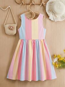 SHEIN Tween-Mädchen Mädchen/Sommer ärmelloses Regenbogen gestreiftes Muster Lässig Kleid, süßes & verspieltes Urlaubssommerkleid - Verschiedenfarbig - Übersicht 3
