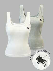 Resyla Women's Summer Casual Knight Embroidered Elastic Fitted Tank Top 2 Pieces Set Gym White Grey - Light Grey - View 1