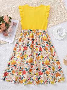SHEIN Vestido con estampado floral, volantes en las mangas y cinturón para adolescentes en vacaciones de verano - Amarillo - Ver 2