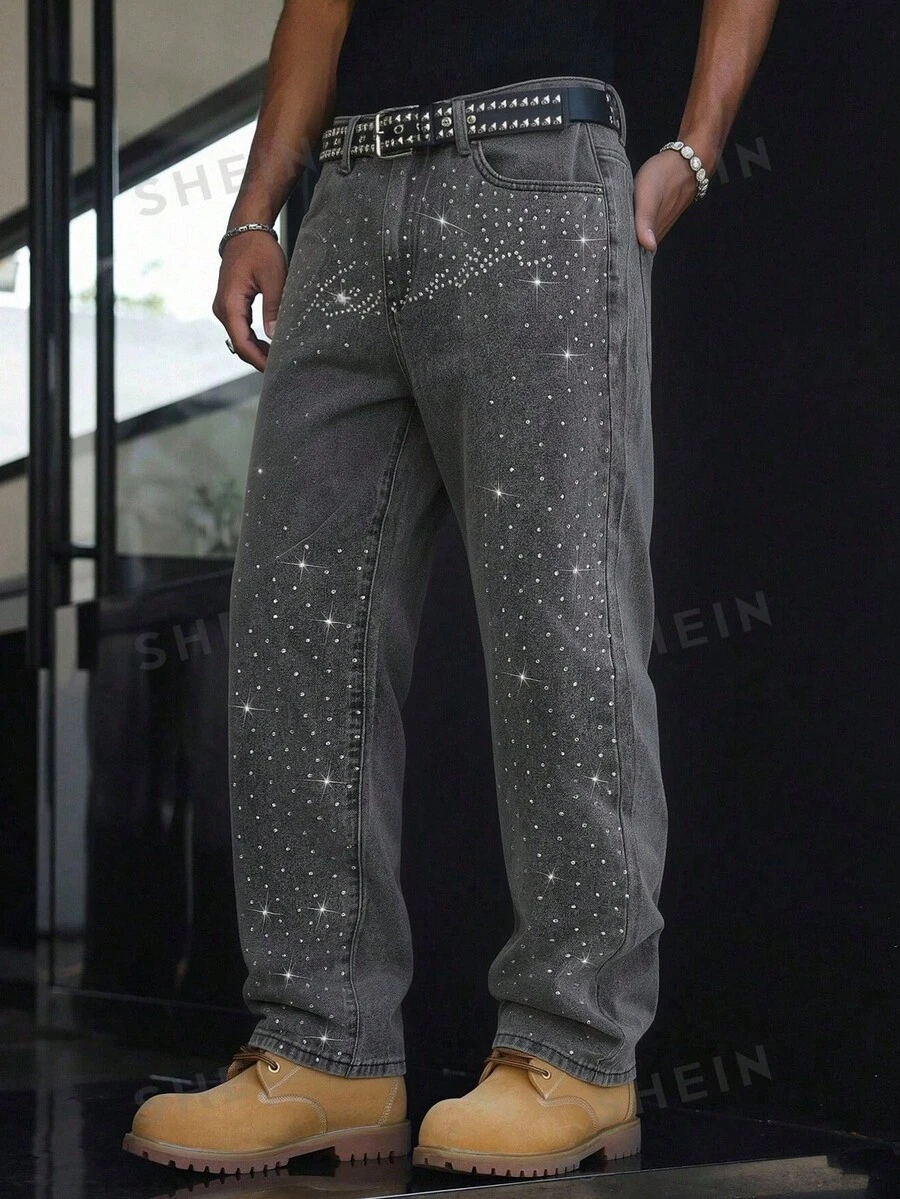 Manfinity Roghcode Jeans anchos y sueltos con adornos de strass de moda casual para hombres, sin cinturón incluido - Gris - Ver 1