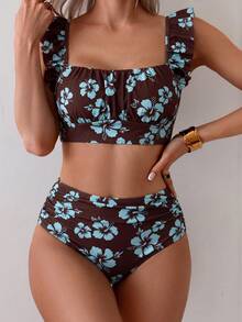 Swim Mod 2 piezas Conjunto de top con volantes de tirantes y Bottom triangular fruncida de cintura alta de unicolor para mujer, elegante para vacaciones y playa - Multicolor - Ver 4